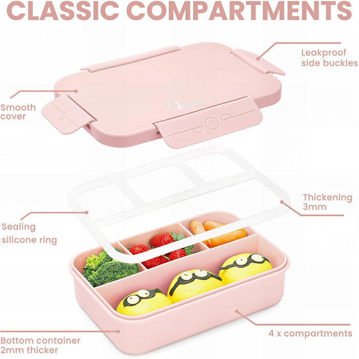 Ланчбокс Bugucat з роздільниками 1300 мл, дитячий контейнер для їжі, що не протікає, з 4 відділеннями. Бенто-бокс для дітей та дорослих, коробка для сніданку для хлопчиків та дівчаток, рожевий.