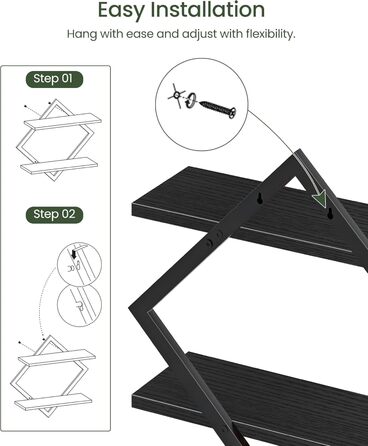 Настінна полиця, комплект з 2 шт., плаваюча полиця, 2-рівневі підвісні полиці, для вітальні, спальні, кухні, офісу, чорна DTBJ01P2BB 2 Чорний