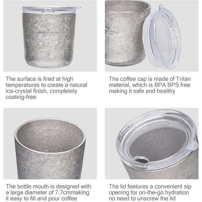 Титанова кружка Boundless Voyage з подвійними стінками та кришкою, 240 мл, надлегка, для чаю, кави, використання на свіжому повітрі, кемпінгу, пікніків, походів, подорожей, домашнього використання, Ti3238D