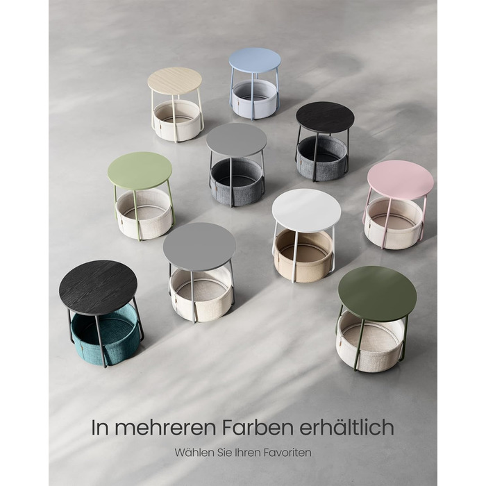 Круглий бічний столик VASAGLE, маленький столик, маленький журнальний столик, столик для вітальні, тканинний кошик, місце для зберігання у вітальні та спальні, сучасна тумбочка, матовий білий-верблюжий коричневий LET223W10 матовий білий верблюжий коричнев