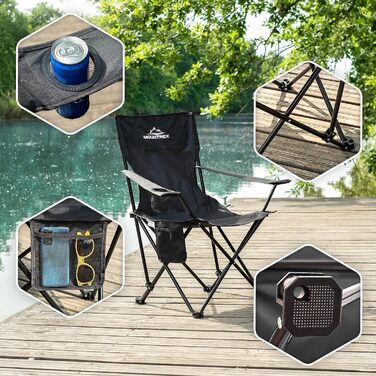 Складаний кемпінговий стілець MOUNTREX (до 120 кг) - Складаний стілець з регульованими підлокітниками - Рибальський стілець, Пляжний стілець - Складаний, компактний та легкий - Кемпінговий стілець з тримачем для напоїв та сумкою, Чорний