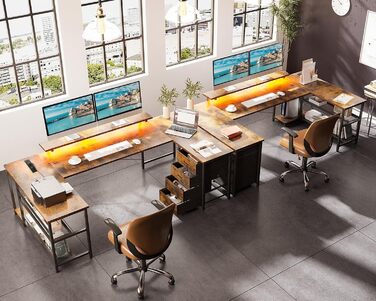 Кутовий стіл ODK з 4 шухлядами та місцем для зберігання, двосторонній кутовий стіл 167102 см з 2 розетками та 2 портами зарядки USB, ігровий стіл зі світлодіодним освітленням та підставкою для монітора для домашнього офісу, вінтажний коричневий