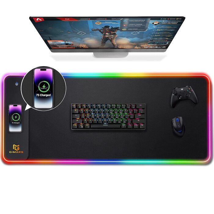 Килимок для миші Gimars Upgrade Gaming RGB, бездротова швидка зарядка 15 Вт, 800x300x5 мм, XXL килимок для миші з 10 кольорами світлодіодного підсвічування, великий світлодіодний килимок для миші, ігровий аксесуар з гладкою поверхнею, нековзна гумова осно