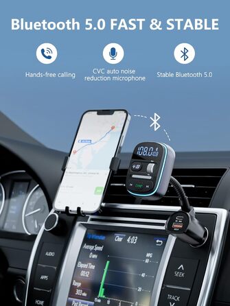 Передавач LENCENT Bluetooth, автомобільний адаптер Bluetooth, Автомобільний FM-адаптер Bluetooth зі швидким зарядним пристроєм PD 30 Вт QC3.0, Музика Hi-Fi/звичайні текстові дзвінкиКольорове світло