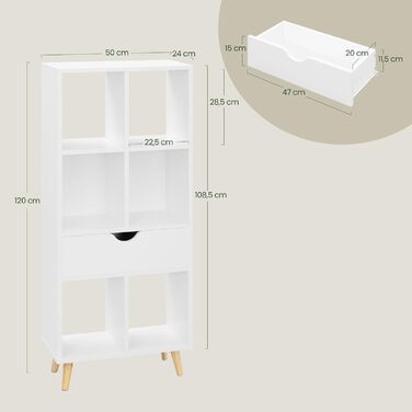 Книжкова полиця EUGAD, книжкова шафа, перегородка для кімнати, полиця для файлів, полиця для зберігання, окремостояча полиця з шухлядою та ніжками, виготовлена з МДФ, 6 полиць, біла, 50x1224 см