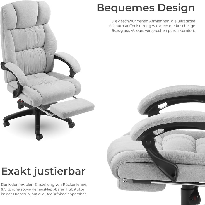 Ергономічне офісне крісло tectake, велюрове поворотне крісло, офісне крісло з підставкою для ніг, крісло керівника, письмове крісло, крісло, ігрове крісло, ергономічне офісне крісло, ігрове крісло - сірий колір