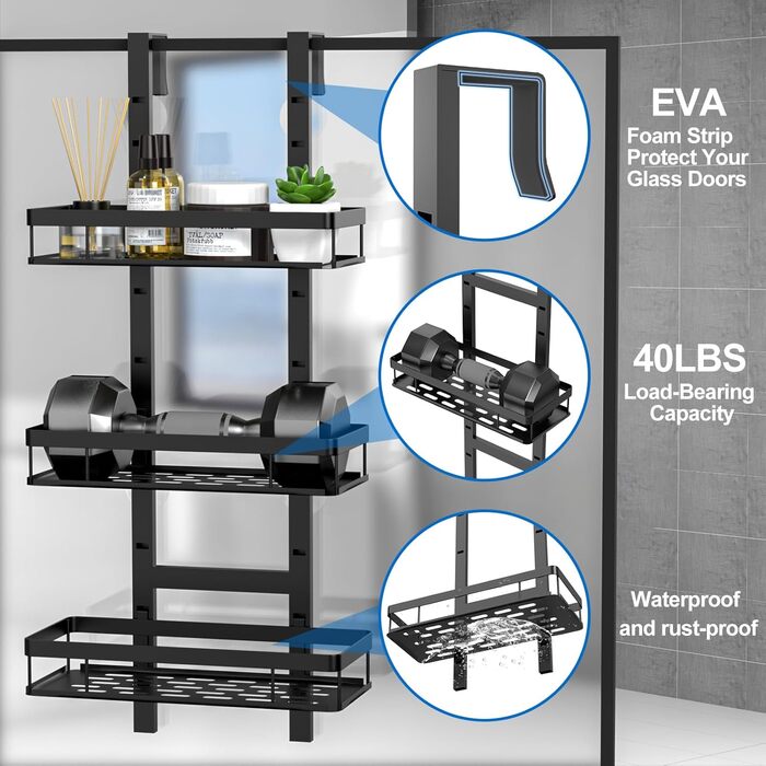 Полиця для душу навісна, органайзер для ванної кімнати без свердління на стінку душу з 3 кошиками для шампуню (Чорний, 3-ярусна)