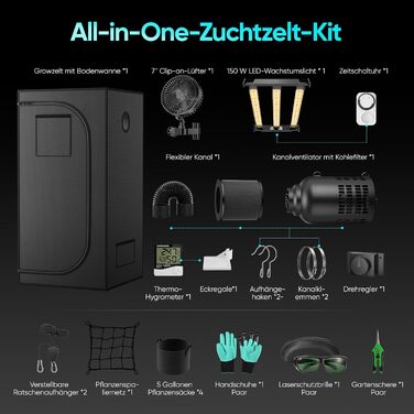 Комплект для вирощування Growzelt з LED-лампою повного спектру M1500, намет для вирощування 80x80x160 см, вентиляційна система 215 CFM (3000 об/хв) з тихим та ефективним вентилятором (4 швидкості), комплект для гідропоніки та вирощування в приміщенні M150