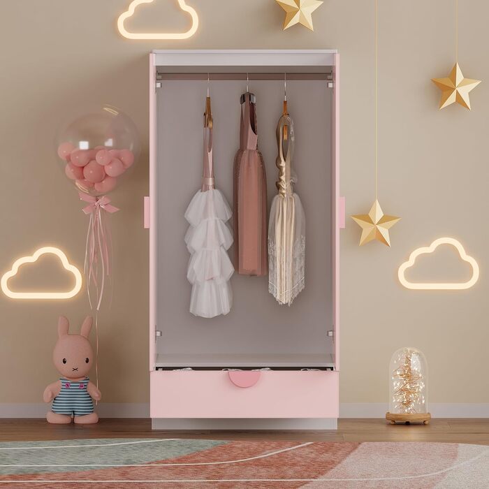 Дитяча шафа Sandnes з 2 дверима та 1 шухлядою, штанга для одягу, дитяча кімната, 123 x 60 x 40 см, рожевий/білий