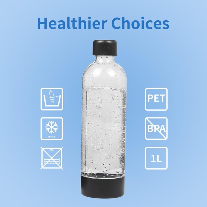 Акумуляторна содова машина Skyehomo з портативною ПЕТ-пляшкою без BPA об'ємом 1 л, автоматичним скиданням тиску, виробником газованої води матового чорного кольору, карбонатором, сумісним зі стандартним циліндром (не входить у комплект)