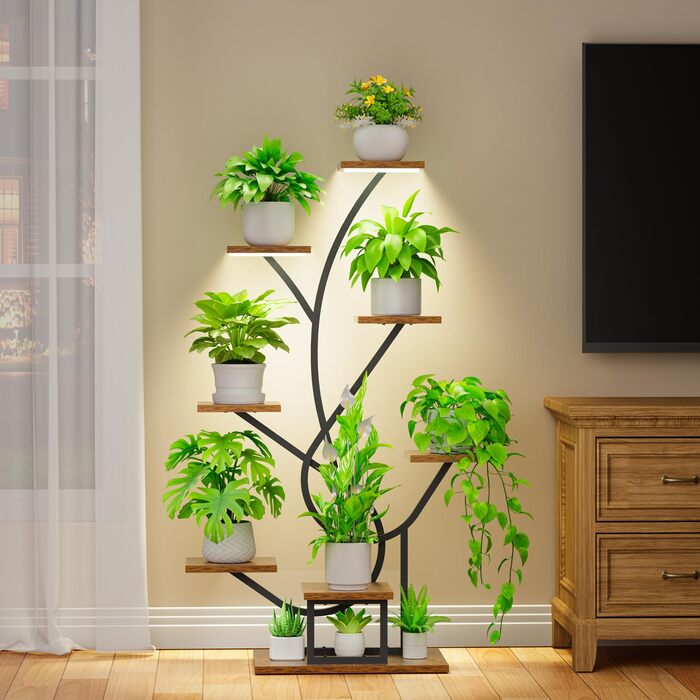 Підставка для рослин з лампою для вирощування - 8-ярусна підставка для квітів 126 см, полиця для рослин з металу та дерева - Квіткові драбини для приміщень та вулиці - Декоративна чорна квіткова підставка для балкону в приміщенні