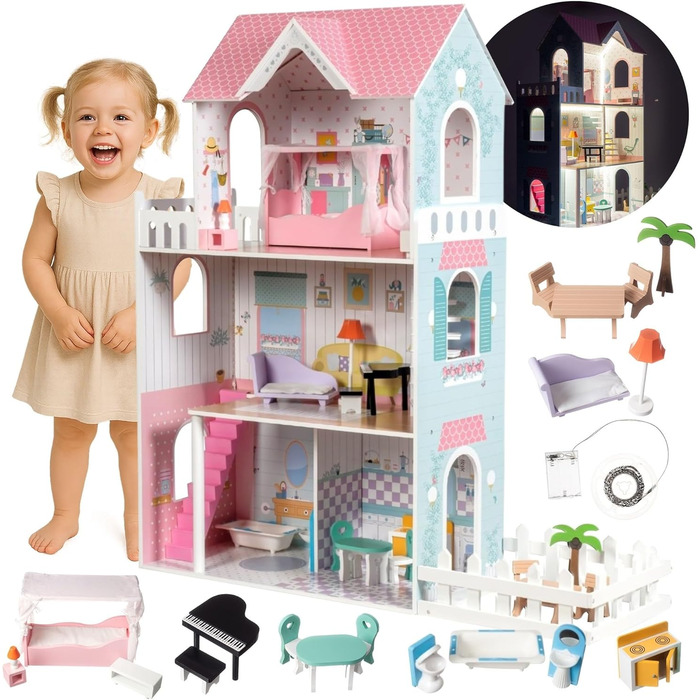 Дерев&39яний ляльковий будиночок 123 см зі світлодіодним підсвічуванням Великий ляльковий будиночок для дітей віком від 3 років з меблями та садом Ляльковий будиночок з підсвічуванням та аксесуарами Креативний ігровий будиночок для дівчаток