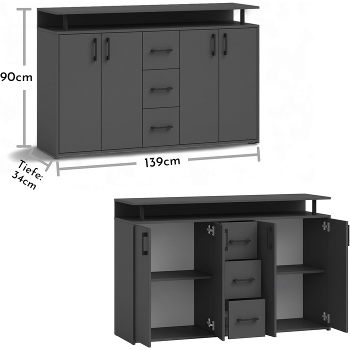 Висока комод Drift з полицею антрацитового кольору - Сучасна шафа для вітальні з шухлядами та великою кількістю місця для зберігання речей - 139 x 90 x 34 см (Ш/В/Г)