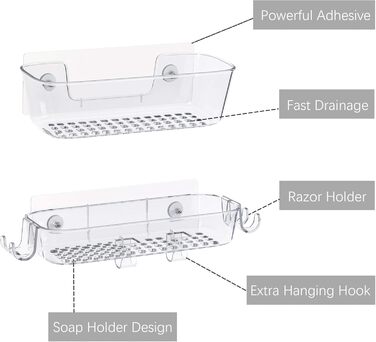 Душова полиця, самоклеючий органайзер для душу, нержавіюча, з тримачем для бритви та гачком, душова полиця для зберігання у ванній кімнаті (прозора, 3 шт.)