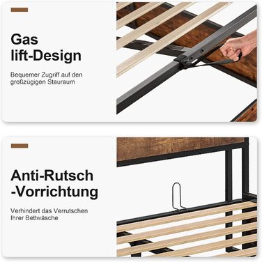 Ліжко з механізмом зберігання та підйому, ліжко-платформа з дерев&39яним узголів&39ям, відділеннями для зберігання та зарядною станцією, без матраца (коричневе, 140x200 см) Коричневий 140x200 см