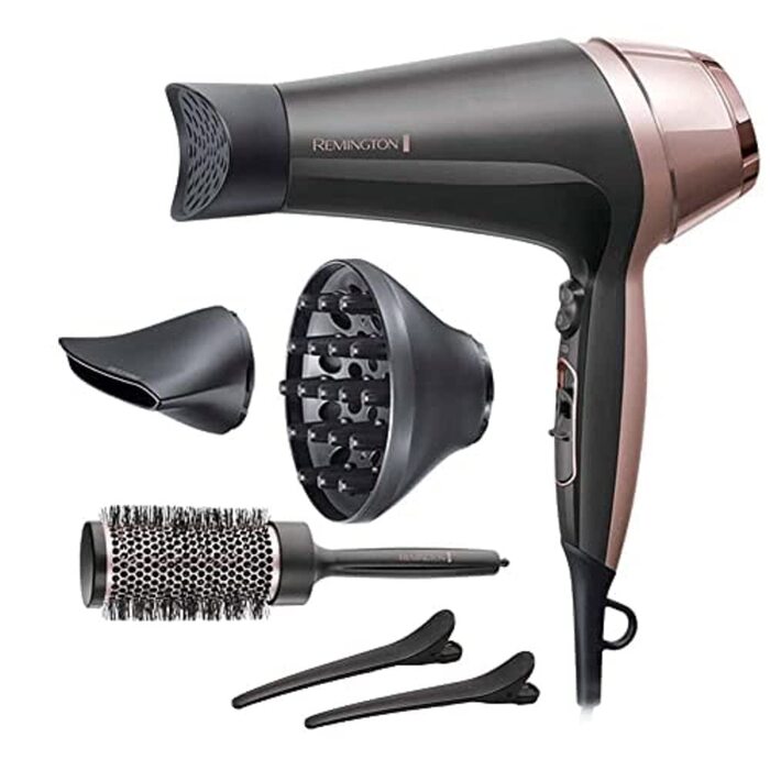 Фен для волосся Remington Curl-Straight з іонізацією (2200 Вт, 3 насадки конічна, для локонів та дифузор, кругла щітка 45 мм, затискачі, 3 рівні температури та 2 рівні обдуву) D5707, чорний