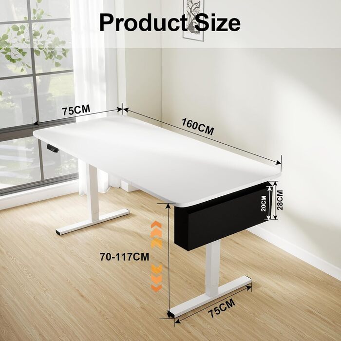 Електрично регульований по висоті стіл, 160 x 80 см, комп&39ютерний стіл з функцією пам&39яті, ергономічний стіл для роботи стоячи, з гачками та сумкою для зберігання, офісний стіл, білий 160 x 80 см