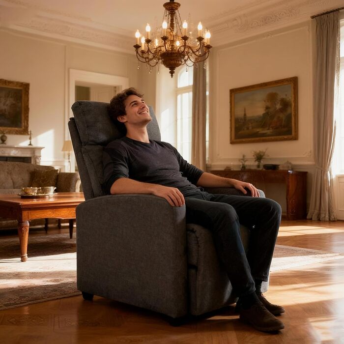 Крісло-реклайнер Mingone з функцією відкидання, сучасне тонке крісло-гойдалку з функцією відкидання на 155, витримує вагу до 150 кг, виготовлене з лляної тканини, темно-сірий колір