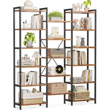 Книжкова полиця Coleshome з 17 полицями, металевий каркас, 6 ярусів, промисловий дизайн, стелаж-перегородка з місцем для зберігання, 22 x 125,6 x 177,2 см, окремостояча полиця для офісу, вітальні, спальні, кухні, коричнева, 6 ярусів