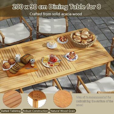 Обідній стіл GIANTEX на 8 осіб, садовий стіл з дерева акації з отвором для парасольки 5 см, садовий стіл для заднього двору, веранди та саду, всепогодний балконний стіл (200 x 90 см)