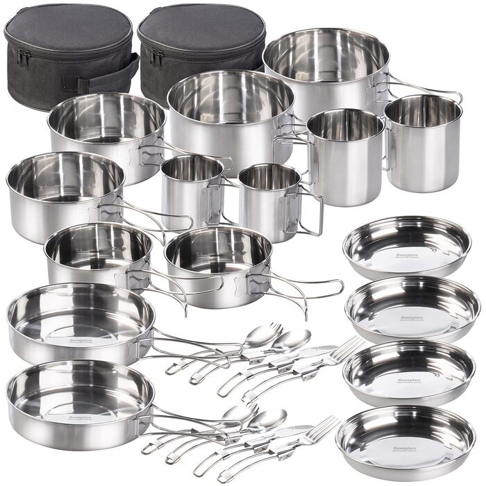 Кемпінгова сковорода Semptec Urban Survival Technology набір посуду для кемпінгу з нержавіючої сталі з 24 предметів, столовими приборами та сумкою (набір каструль, набір сковорідок)