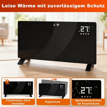 Електричний конвекторний обігрівач Citybee - скляний обігрівач з термостатом, енергозберігаючий, тихий, окремостоячий скляний конвектор - електричний радіатор з пультом дистанційного керування та сенсорним дисплеєм, таймер, 2000 Вт, до 30 м