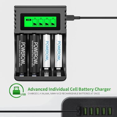 Зарядний пристрій POWEROWL з 4 батарейками типу AA 2800 мАг 4 батарейками типу AAA 1000 мАг - Зарядний пристрій для Ni-MH акумуляторних батарейок типу AA/AAA, швидкий зарядний пристрій з 8 батарейками
