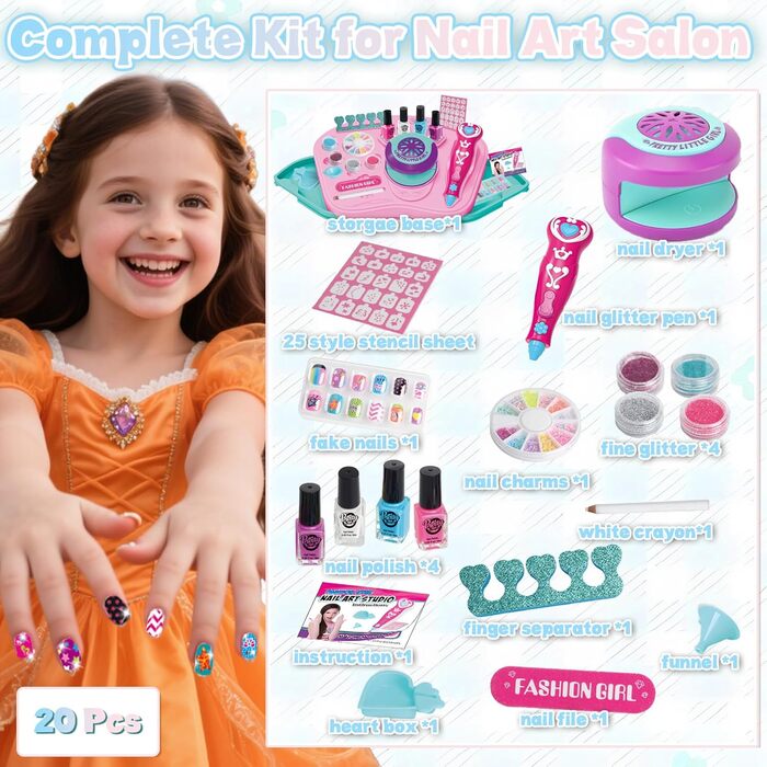 Дитячий набір для студії нігтів STAY GENT із 55 предметів для дівчаток, набір для нігтів на водній основі для дітей (3, 6, 7, 8, 9, 10, 11, 12 років) - подарунки з лаками для нігтів, подарунки з макіяжем на дні народження та Різдво, 4 кольори лаків для ні