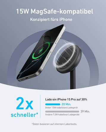 Бездротова зарядна станція Anker MagGo, 15 Вт Qi2 для MagSafe, підставка з кабелем USB-C, магнітний зарядний пристрій для iPhone 1