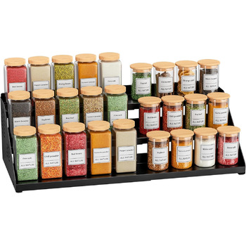 Рівнева підставка для спецій, органайзер для кухонних полиць, органайзер для спецій, розширюваний металевий органайзер для кухонних шаф від 34 см до 55 см, для стільниць, кухні, їдальні - чорний, 3-