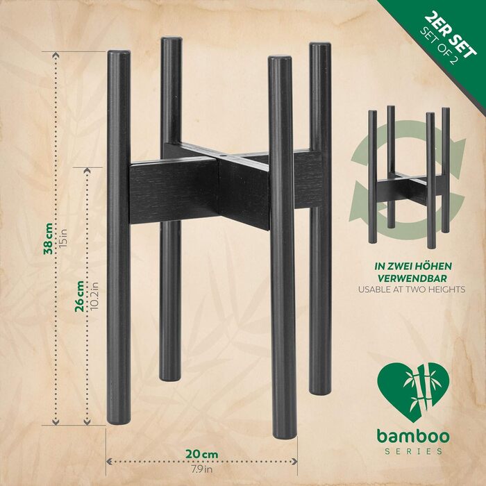 Набір з 2 бамбукових підставок для рослин Rubberneck - Регульовані бамбукові підставки для квіткових горщиків для використання в приміщенні та на вулиці - Чорний, 2 шт. Чорний