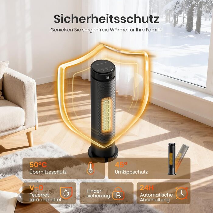 Енергозберігаючий вентилятор-обігрівач, керамічний вентилятор-обігрівач PTC потужністю 2000 Вт, тиха робота 36 дБ, термостат, коливання 70, таймер 12 годин, захист від перегріву та перекидання, електричний обігрівач для використання в приміщенні, 60 см, ч