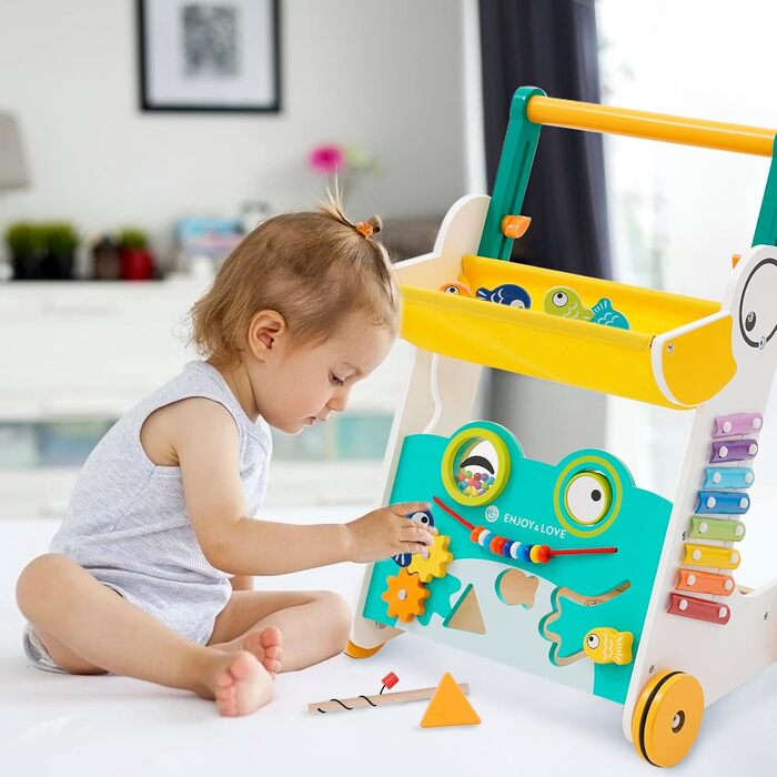 Дерев'яна дитяча коляска Baby Walker з кумедною качечкою та жабою багато функцій та яскравих кольорів для малюка