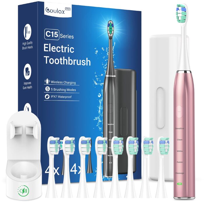 Електрична звукова зубна щітка для дорослих - відбілююча ультразвукова електрична зубна щітка з дорожнім кейсом та зарядною станцією, з 8 насадками, 5 режимами чищення, рожеве золото