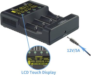Зарядний пристрій для акумуляторів 18650 LiitoKala Lii-600 із сенсорним РК-дисплеєм, зарядний пристрій для акумуляторів типу АА з 4 відсіками, включаючи адаптер 12V5A для Li-Ion/Ni-MH/Ni-Cd 14500 21700 AA AAA тощо.
