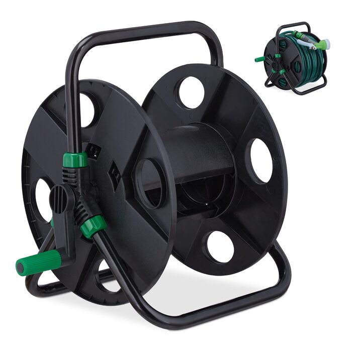 Котушка для шланга Relaxdays, для 30 м шланга 1/2, сталь, пластик, тримач шланга, 38 x 42 x 31 см, чорний/зелений