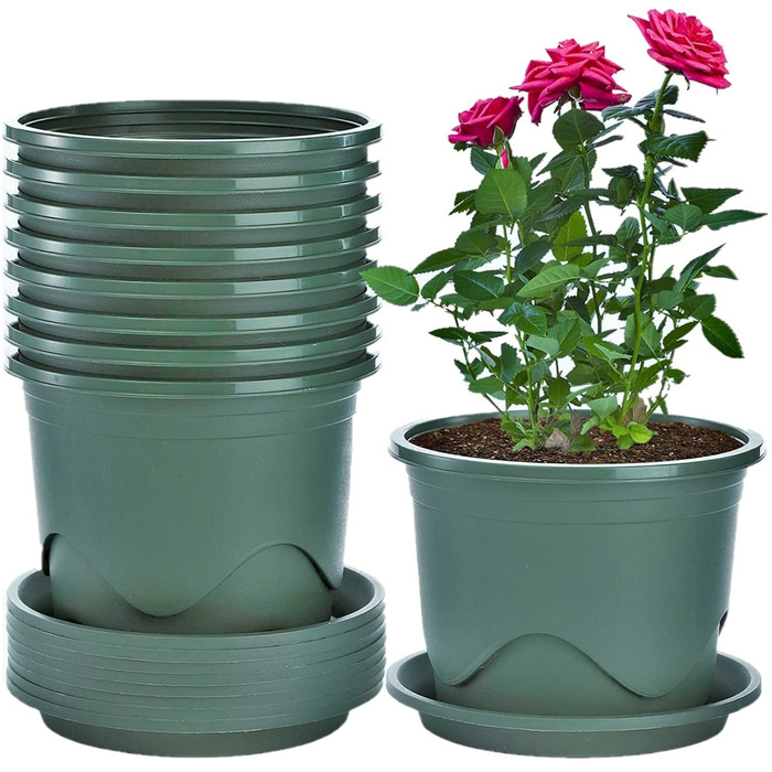 Набір із 6 пластикових горщиків для рослин KAHEIGN, квіткові горщики 22 см з блюдцями, пластикові горщики для розсади, горщики для трав, декоративні для використання в приміщенні та на вулиці (зелені)