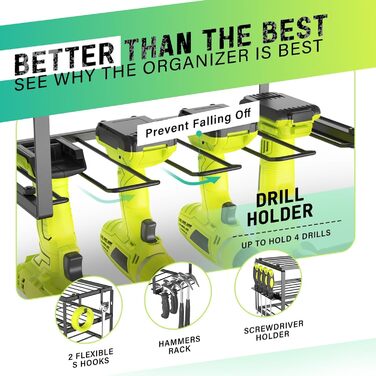 Стійка для інструментів WELDUN для зберігання настінного ударного дриля для 4 електроінструментів, 3-рівнева підставка для інструментів з бічною стійкою для викруток для гаража, майстерні