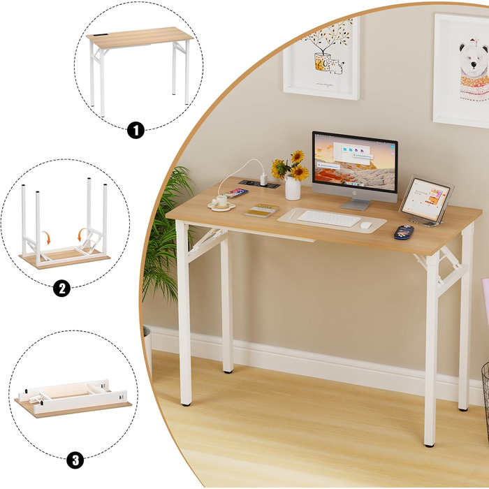 Складаний стіл 100x50x76 см з 2 розетками змінного струму та 2 портами зарядки USB, складаний комп&39ютерний стіл, стіл для ПК, офісний стіл, складаний стіл, для дому, дерево 100 см x 50 см