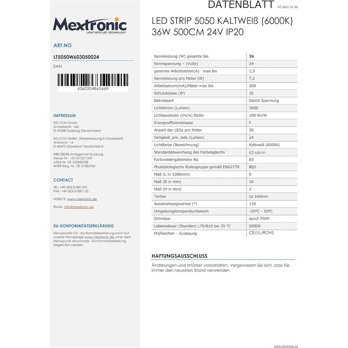 Світлодіодна стрічка Mextronic 5050, холодне біле світло (6000K), 36W, 500 см, 24V, IP20
