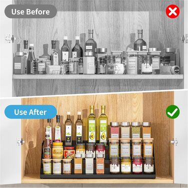 Рівнева підставка для спецій, органайзер для кухонних полиць, органайзер для спецій, розширюваний металевий органайзер для кухонних шаф від 34 см до 55 см, для стільниць, кухні, їдальні - чорний, 3-