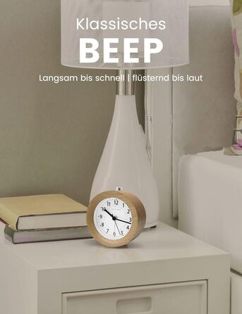 ВищеГодинник будильник аналоговий без цокання, будильник дерев'яний з дрімотою, тумбочка настільний годинник з нічником, ретро-будильник аналоговий на батарейках (потрібна батарея 1*AA) - натуральне дерево світло-коричневого кольору (кругле, світло-коричн