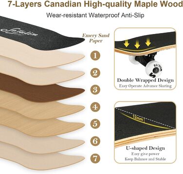 Скейтборд для дорослих повна дошка 31 x 8 дюймів з кульковими підшипниками ABEC-7 7-шаровий клен для початківців дітей та дорослих