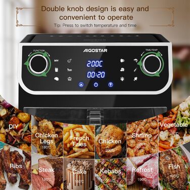 Фритюрниця 8 л з оглядовим вікном, 12 програм, цифровий світлодіодний сенсорний екран, фритюрниця з гарячим повітрям із книгою рецептів, без олії, можна мити в посудомийній машині, срібло без BPA 1700 Вт 8 л