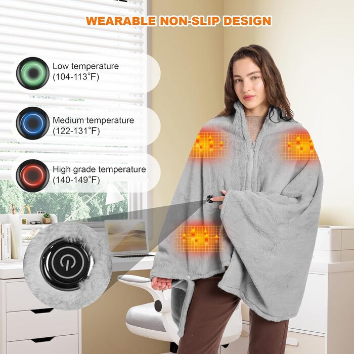 Бездротова ковдра з підігрівом 160x90 см з акумулятором 16000 мАг, фланелева електрична ковдра з підігрівом та 6-зонним обігрівом, 3 налаштування температури, ковдра з підігрівом, яку можна прати, для дивана, офісу, автомобіля, кемпінгу (сіра)