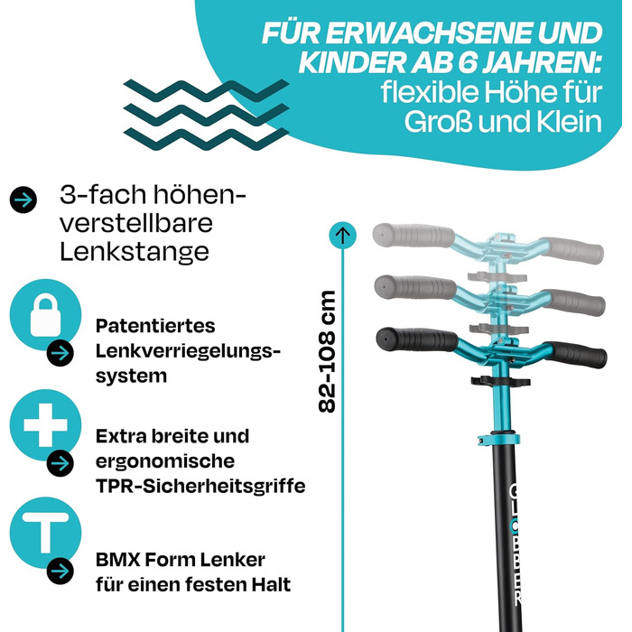 Самокат GLOBBER NL 205 - самокат для дітей від 6 років, підлітків та дорослих - самокат 205 мм - ABEC 7 - регульований по висоті а