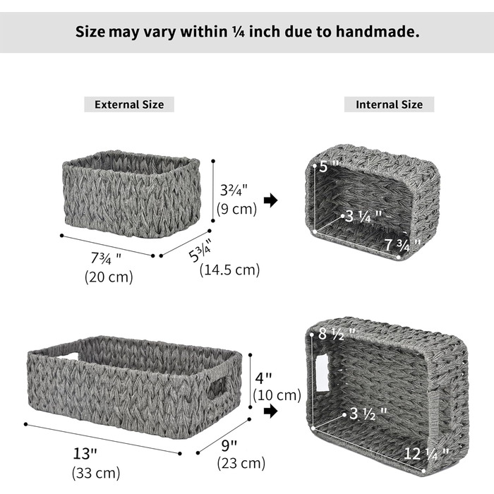 Кошики плетені для зберігання, Кошики для зберігання для полиць 3 шт. , Водонепроникний плетений кошик для ванної кімнати, пральні, Плетені кошики для зберігання, Плетені кошики - Сірий M Сірий