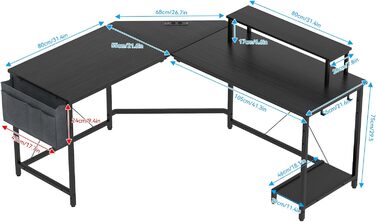 Ігровий стіл із функцією зарядки, L-подібний стіл для офісу, L-подібний кутовий стіл для ПК, підставка для комп&39ютерного столу та монітора, компактний, легко збирається кутовий блок, чорний, 160-135x55x74 см