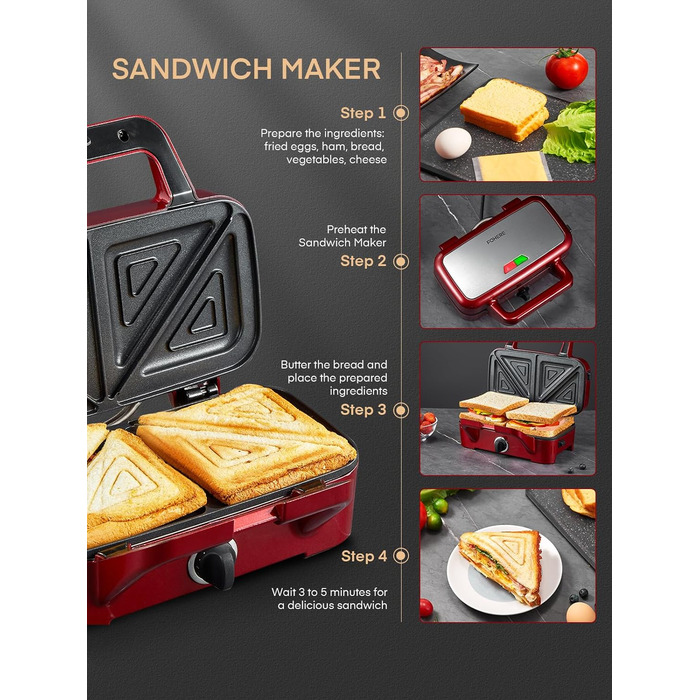 Бутербродниця 3 в 1, вафельниця 1200 Вт/контактний гриль/тостер для сендвічів, 5-швидкісний контроль температури, набори пластин Coater з антипригарним покриттям, термоізольована ручка, можна мити в посудомийній машині, світлодіодні лампи, червоний