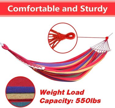 Гамак Outdoor Cotton 280 x 160 см, HOSPAOP Double Hammock Bar Гамак для внутрішнього приміщення, відкритого балкона, саду, кемпінгу, пляжу, портативний і дихаючий вантажопідйомність 300 кг Red Stripe